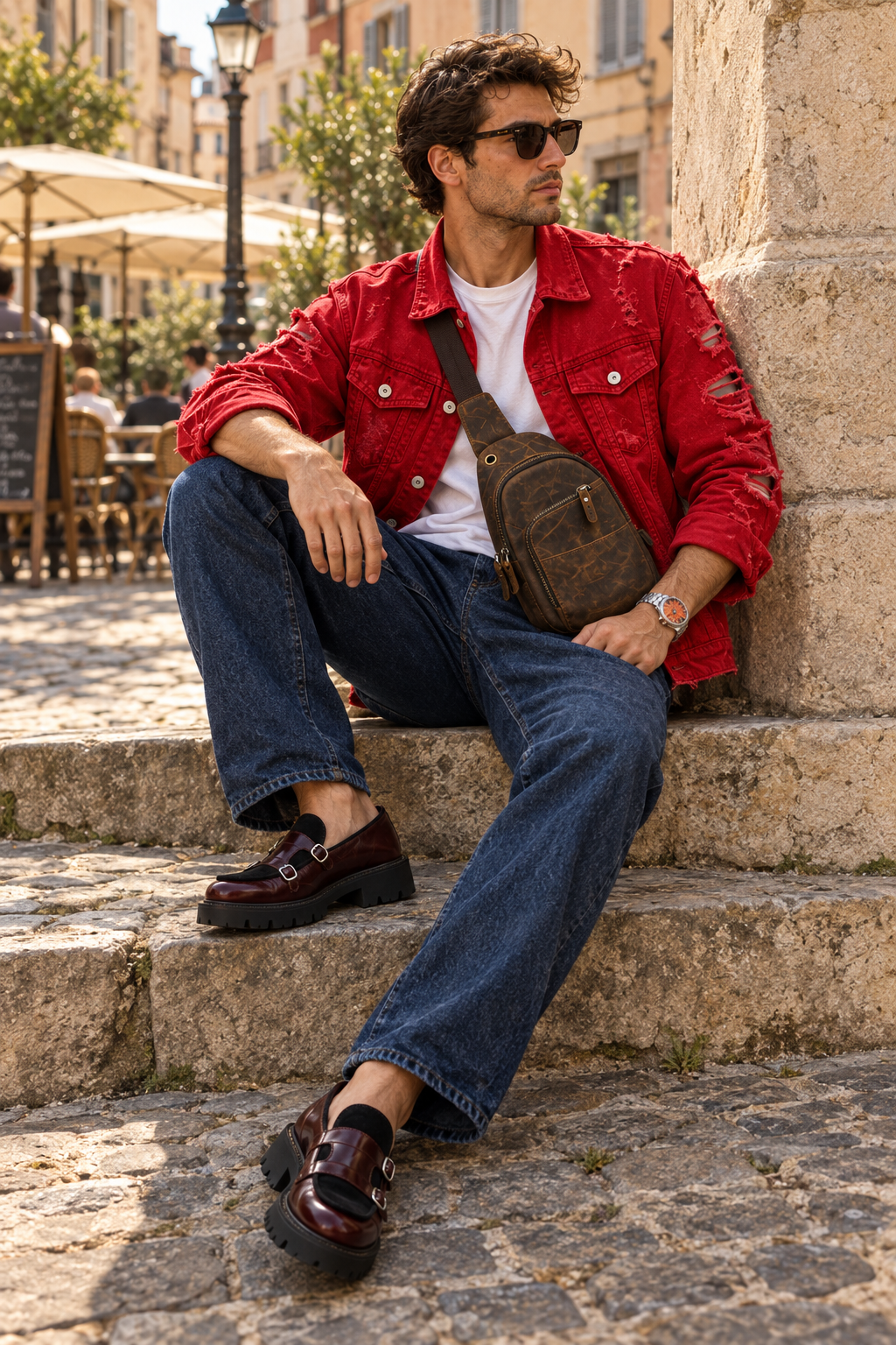 Man wearing red distressed denim jacket, blue wide-leg jeans, brown sling bag and burgundy monk strap loafers sitting on stone steps